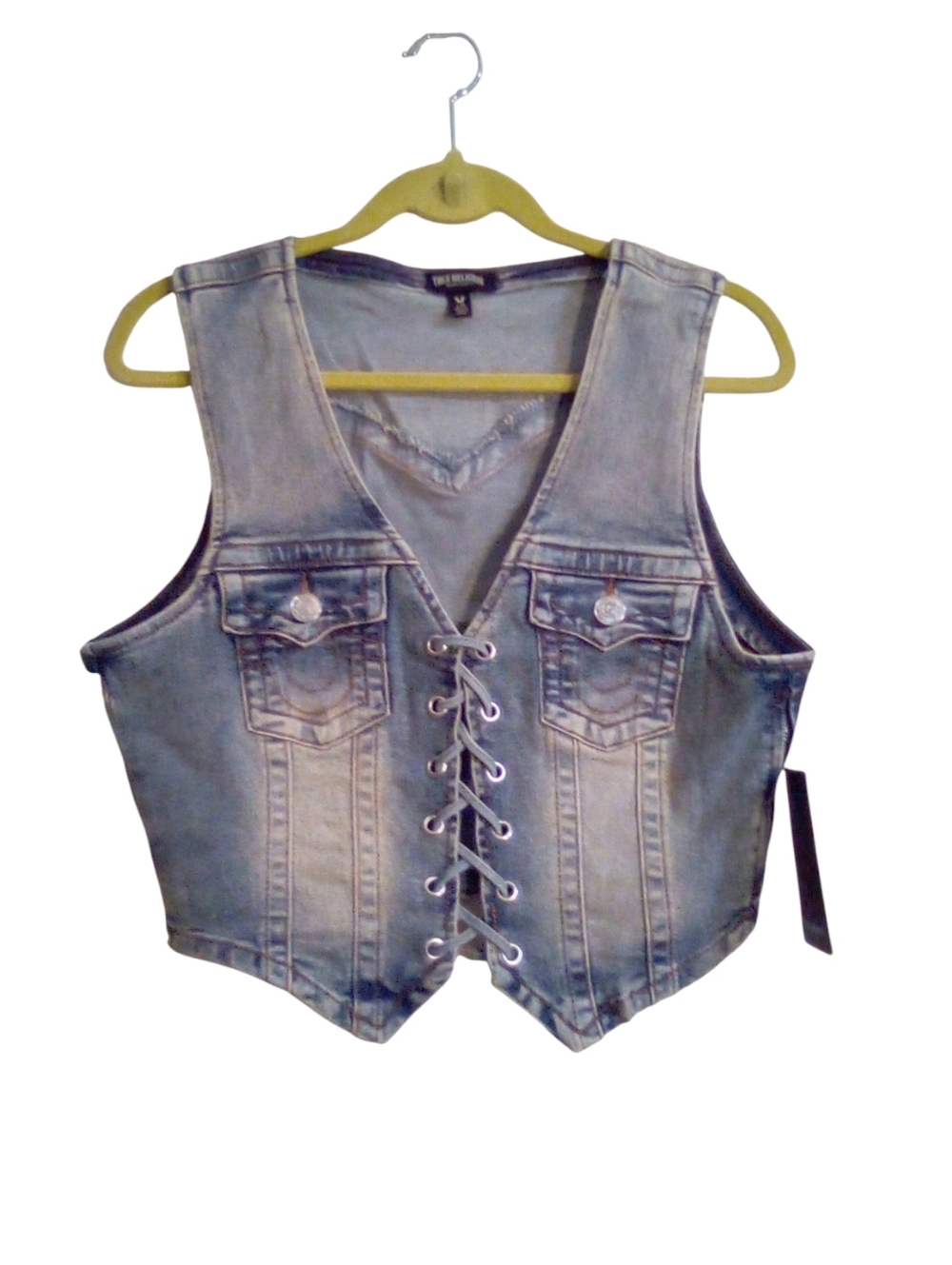 True Religion Large Denim Vest Faux Lace Up Side Zipper Pullover Biker Western